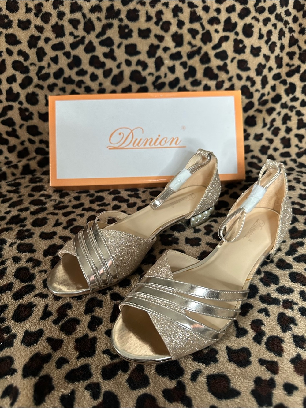 Dunion Women's Gold Glitter Low Block Heel Sandals